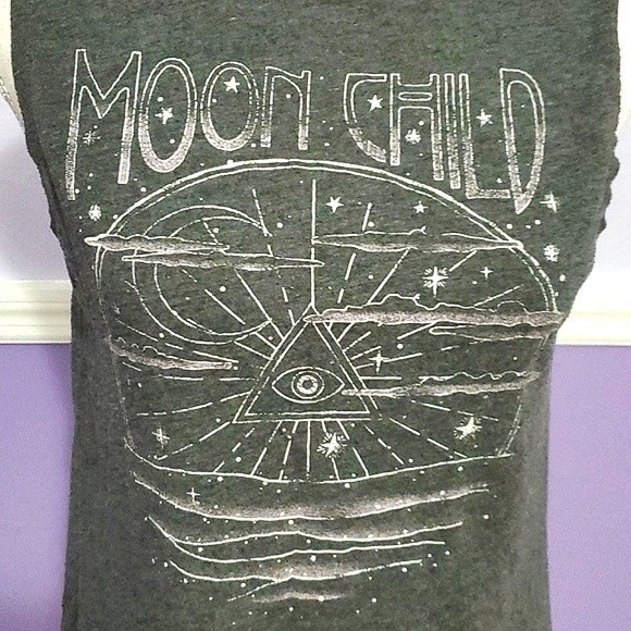 Modern Lux Grunge Charcoal Moon Child Zodiac Cosmos Graphic Muscle Tee Shirt - Picture 3 of 7